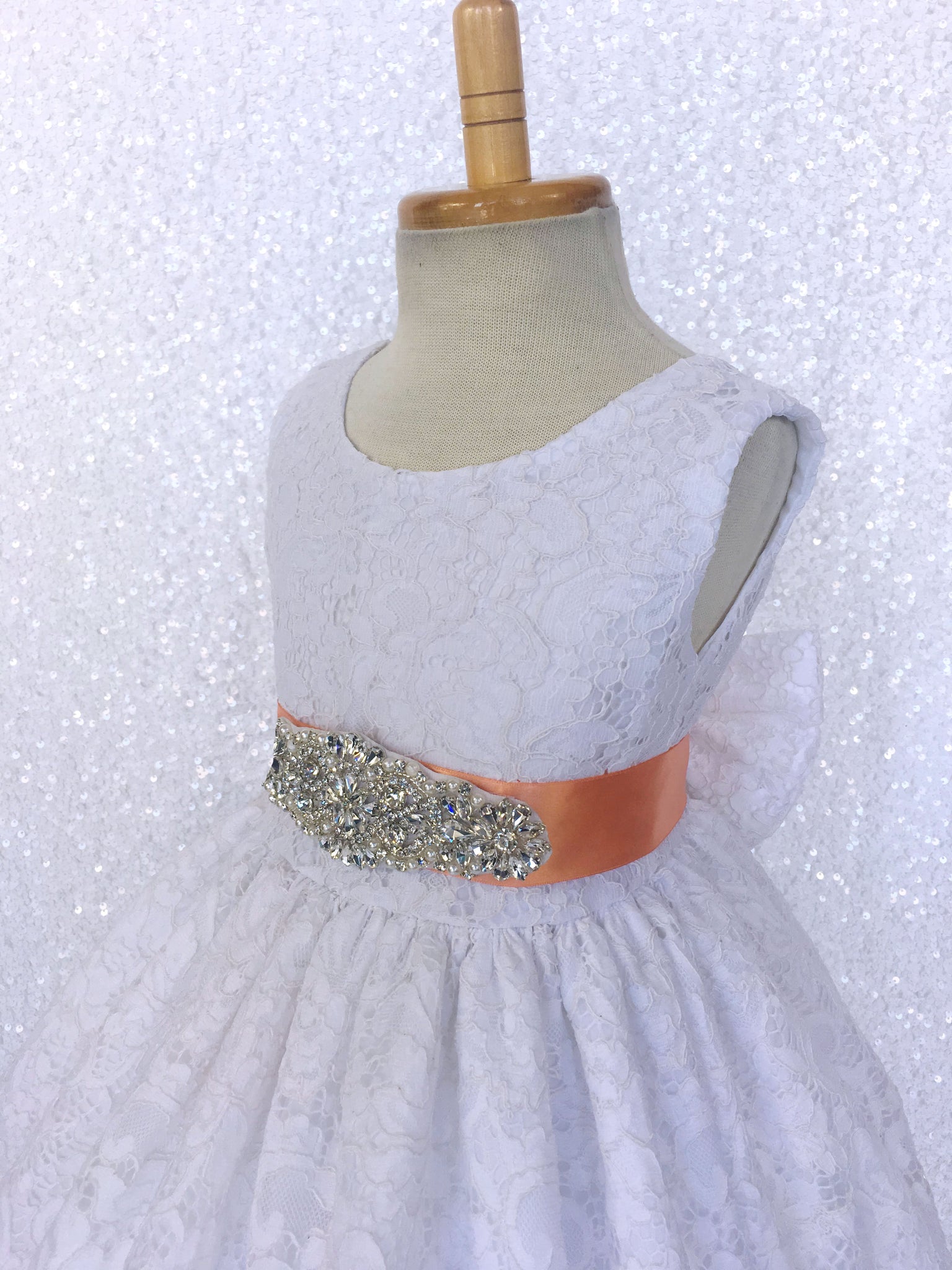 White French Lace V-Back Sleeveless Dress Rhinestone Bow Navy Blue Sash