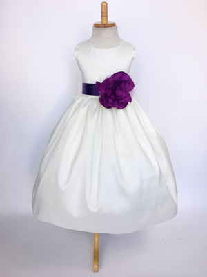 Ivory Vintage Shantung Off White Dress Teal Ribbon Flower