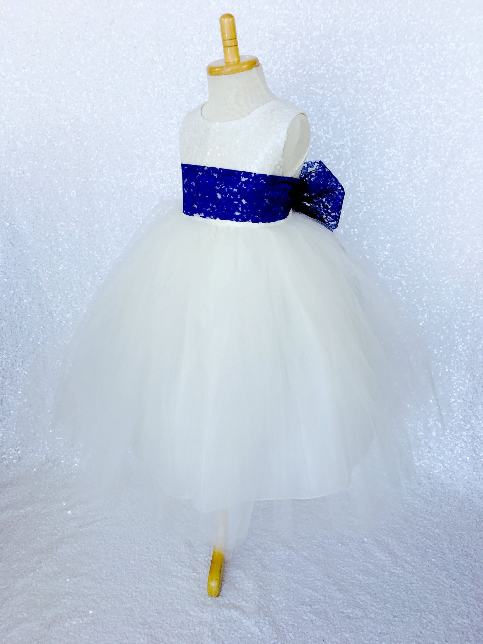 Ivory Big Sequin 2 Layer Tulle Royal Blue Lace Sash
