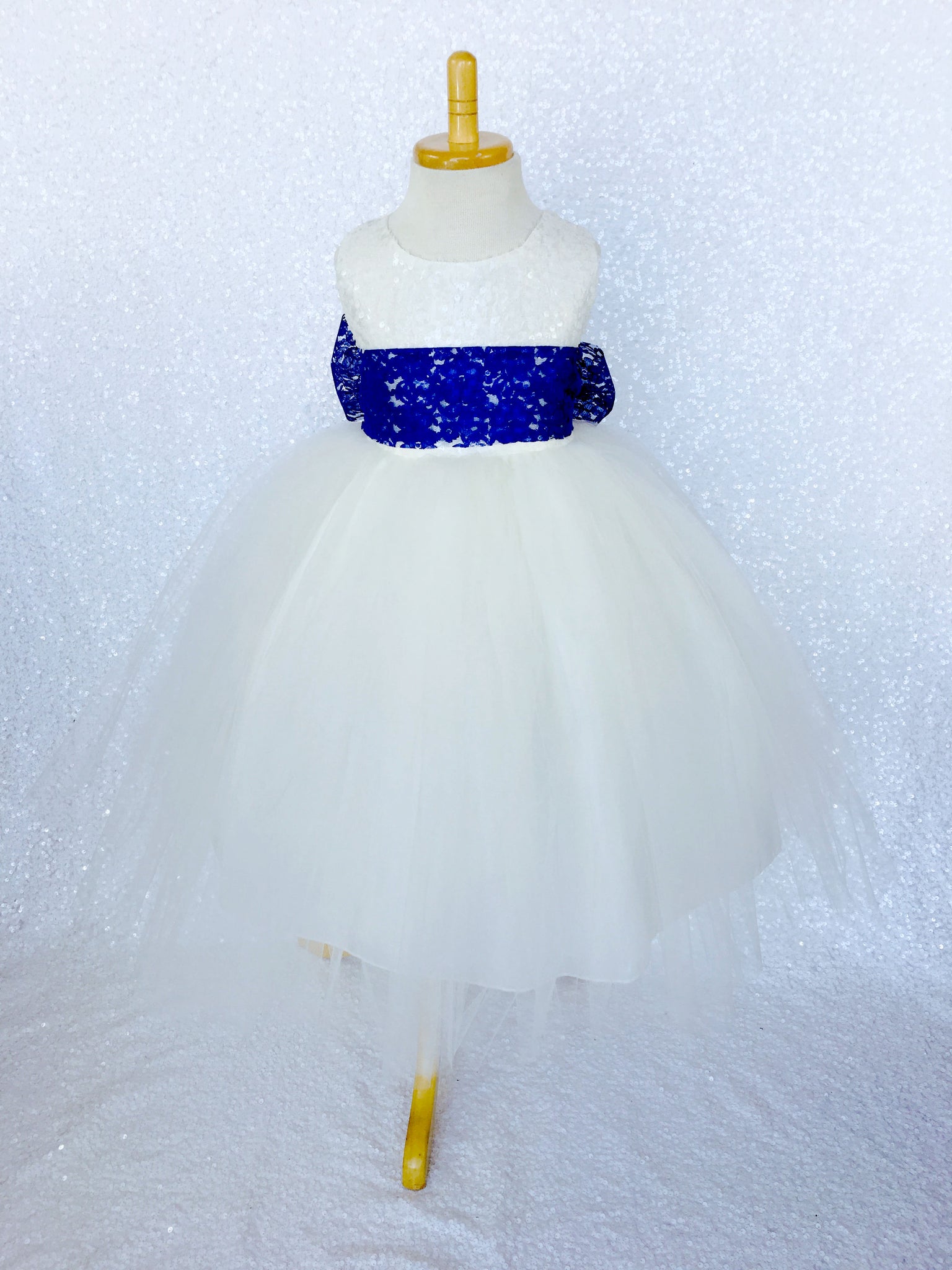 Ivory Big Sequin 2 Layer Tulle Royal Blue Lace Sash