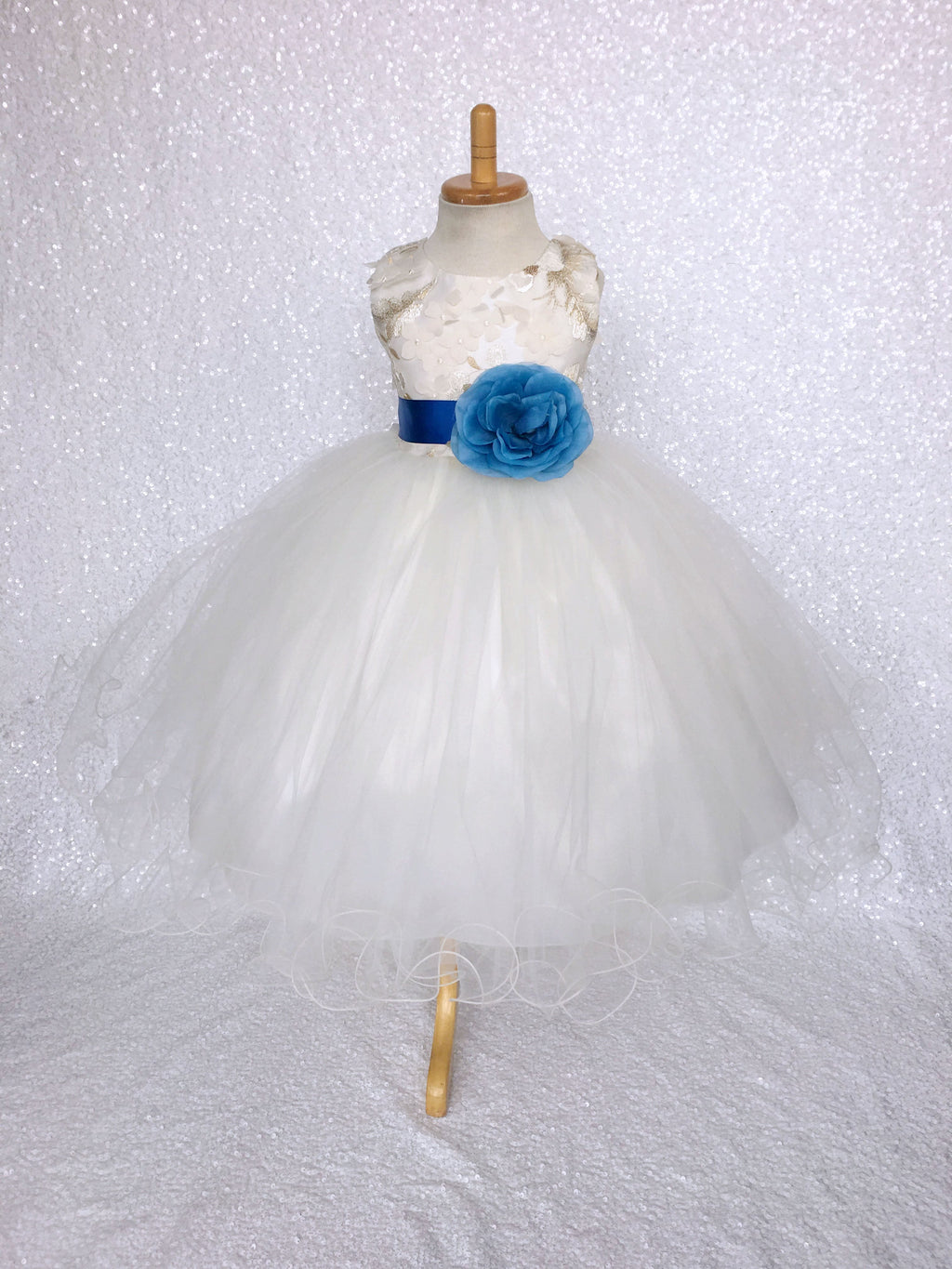 FL Off White Ivory 3D Floral Gold Embroidery 2 Layer Tulle Dress Royal Blue Flower Ribbon