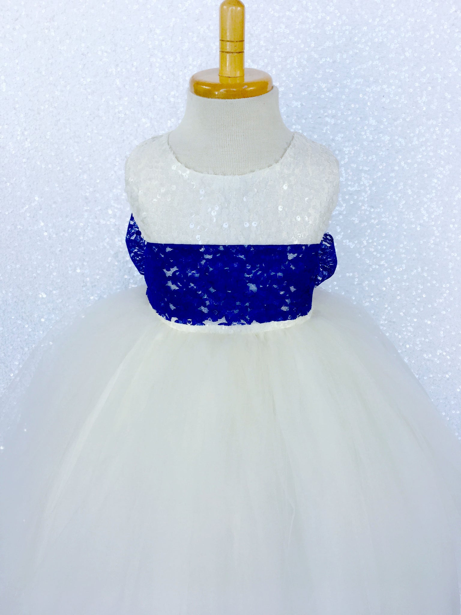 Ivory Big Sequin 2 Layer Tulle Royal Blue Lace Sash