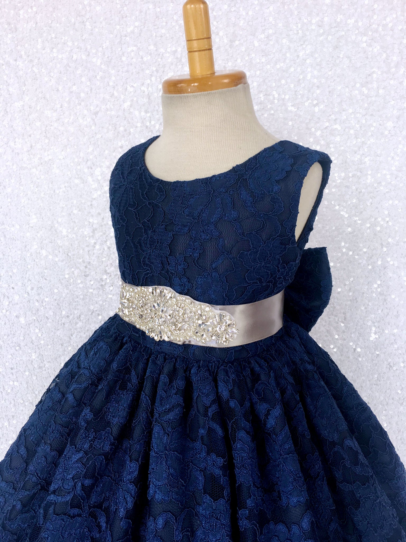 Navy French Lace V-Back Sleeveless Dress Bow Ivory Rhinestone Sash