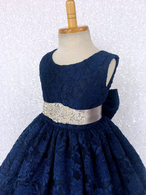Navy French Lace V-Back Sleeveless Dress Bow Ivory Rhinestone Sash