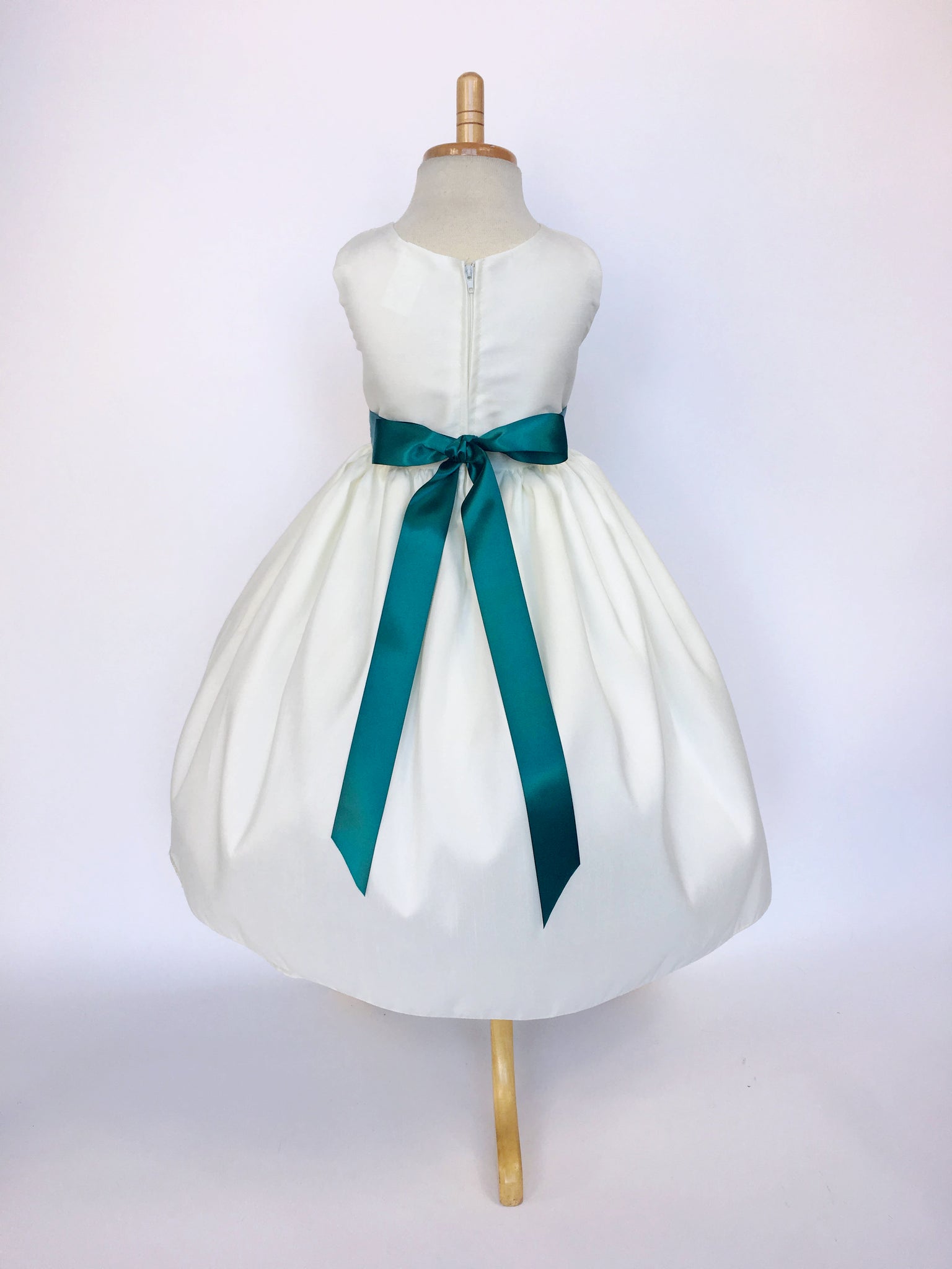 Ivory Vintage Shantung Off White Dress Teal Ribbon Flower