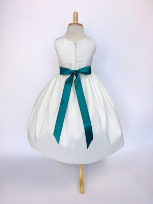 Ivory Vintage Shantung Off White Dress Teal Ribbon Flower