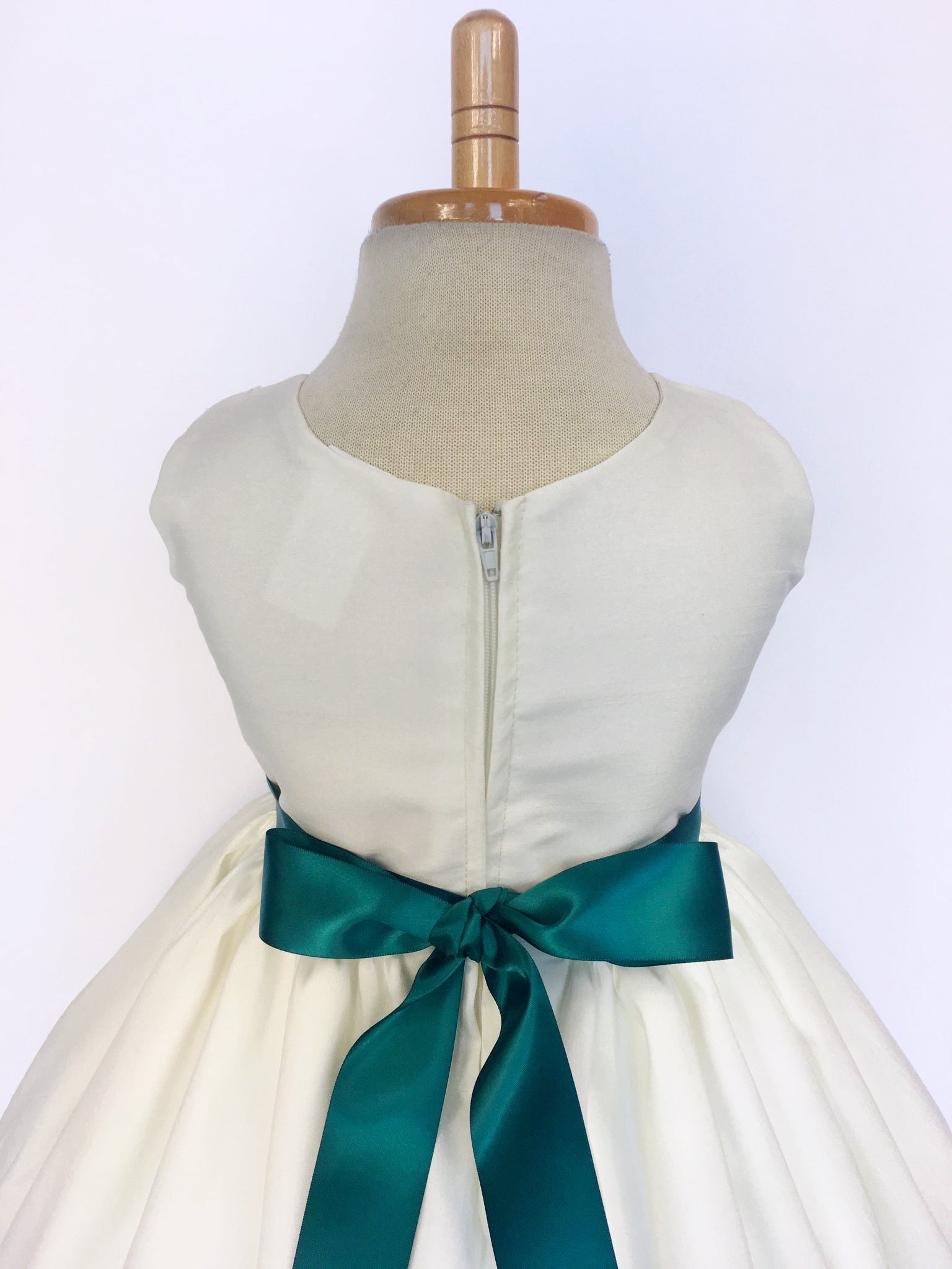 Ivory Vintage Shantung Off White Dress Teal Ribbon Flower