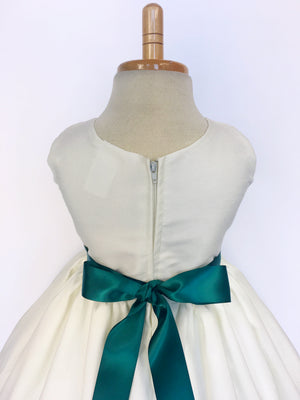 Ivory Vintage Shantung Off White Dress Teal Ribbon Flower