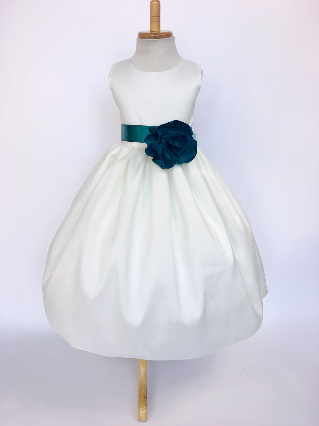 Ivory Vintage Shantung Off White Dress Teal Ribbon Flower