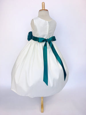 Ivory Vintage Shantung Off White Dress Teal Ribbon Flower