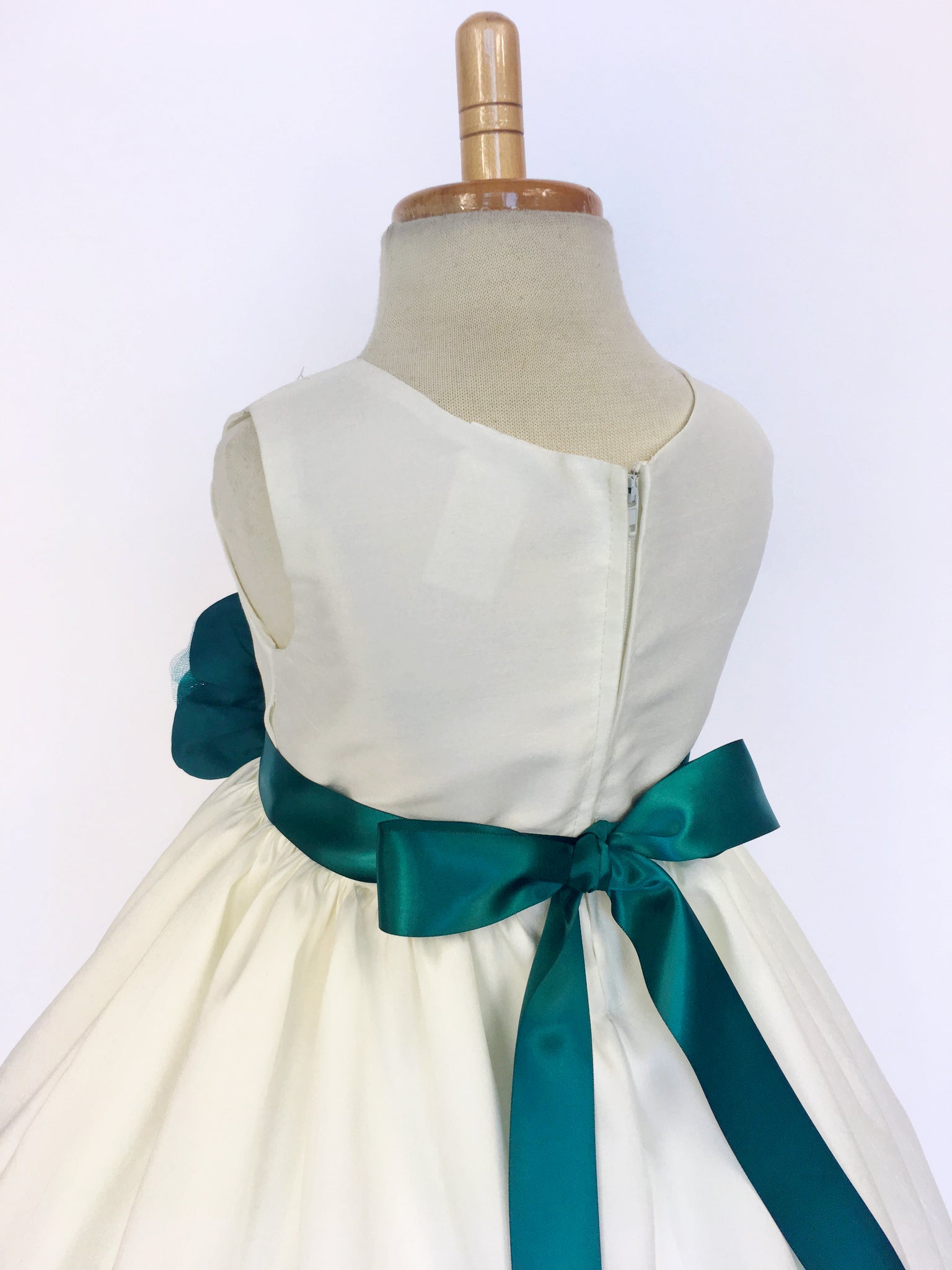 Ivory Vintage Shantung Off White Dress Teal Ribbon Flower
