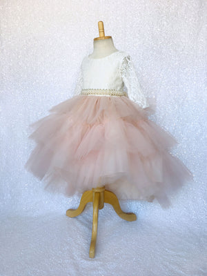V-Back French Lace 3/4 Sleeves Hi Low Ruffle Burgundy Tulle Dress