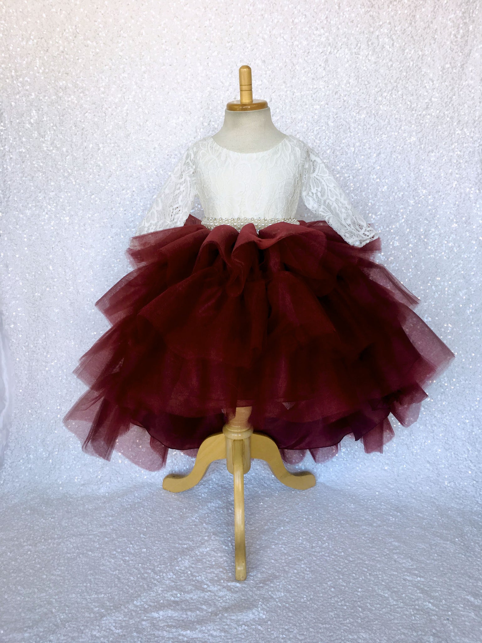 V-Back French Lace 3/4 Sleeves Hi Low Ruffle Burgundy Tulle Dress
