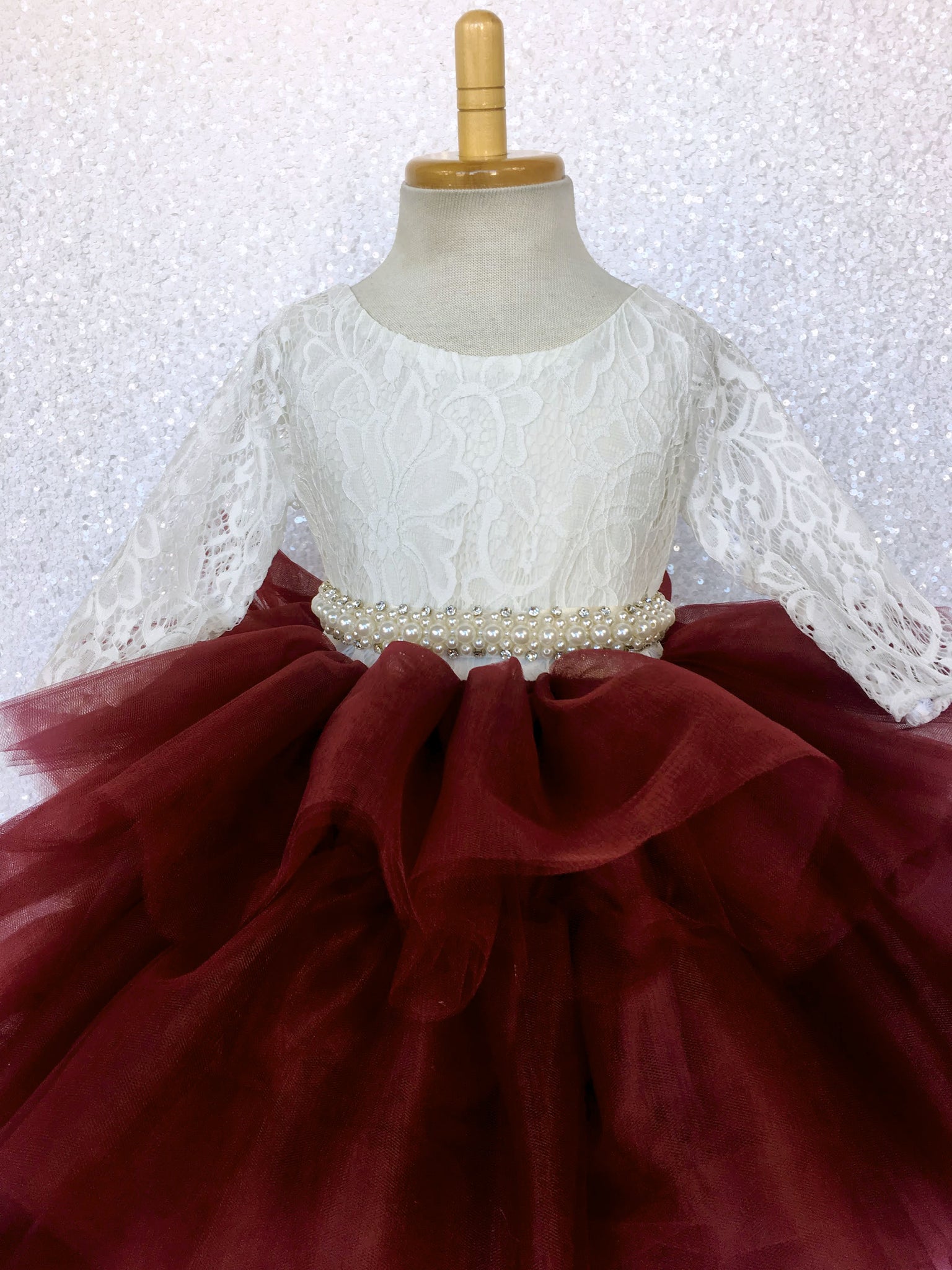 V-Back French Lace 3/4 Sleeves Hi Low Ruffle Burgundy Tulle Dress