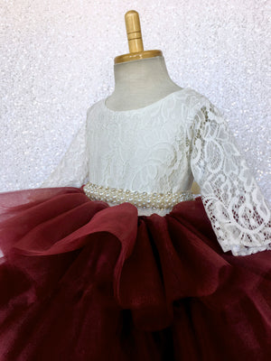 V-Back French Lace 3/4 Sleeves Hi Low Ruffle Burgundy Tulle Dress
