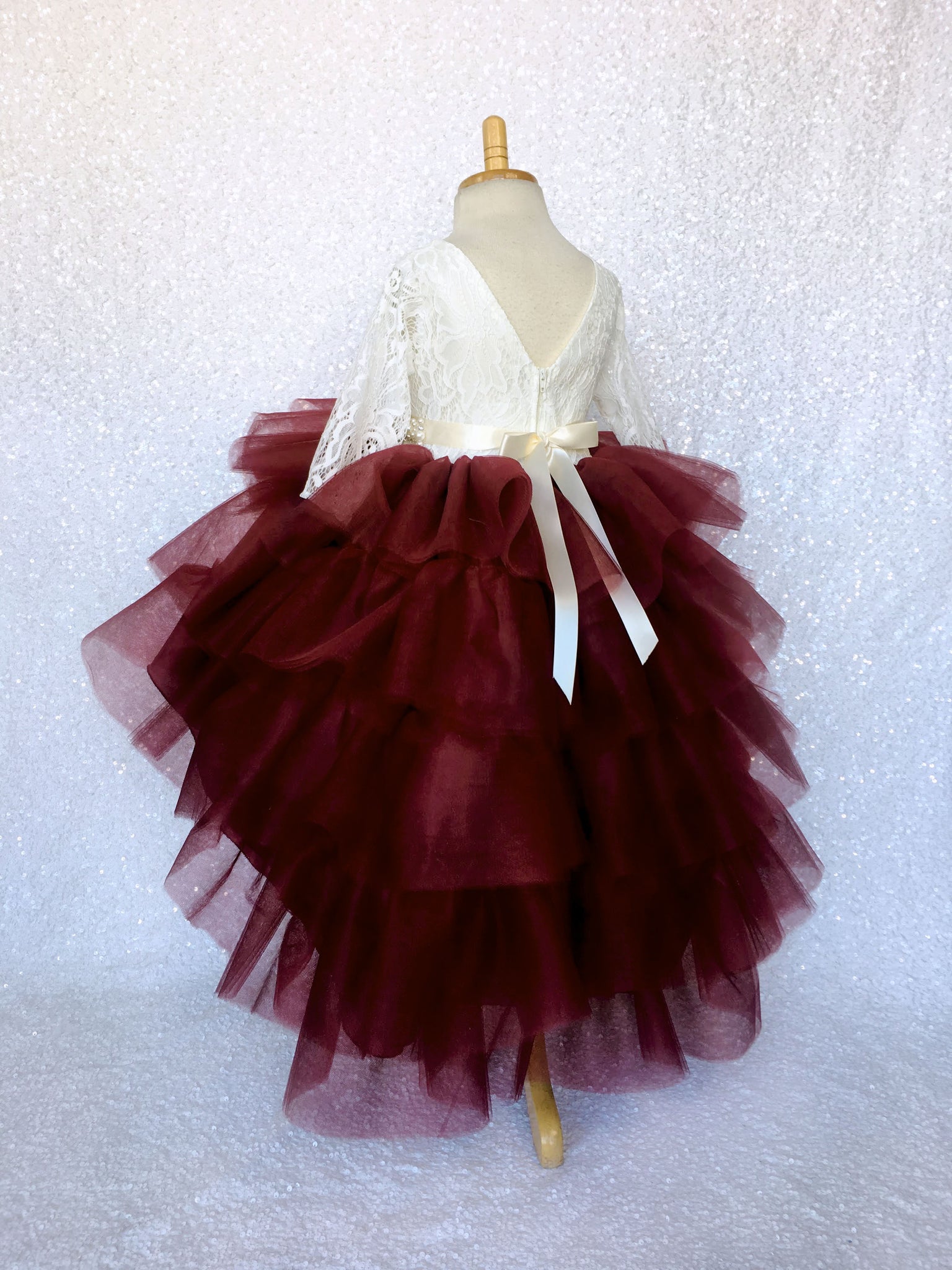 V-Back French Lace 3/4 Sleeves Hi Low Ruffle Burgundy Tulle Dress