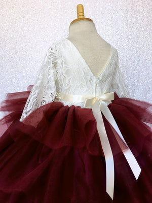 V-Back French Lace 3/4 Sleeves Hi Low Ruffle Burgundy Tulle Dress