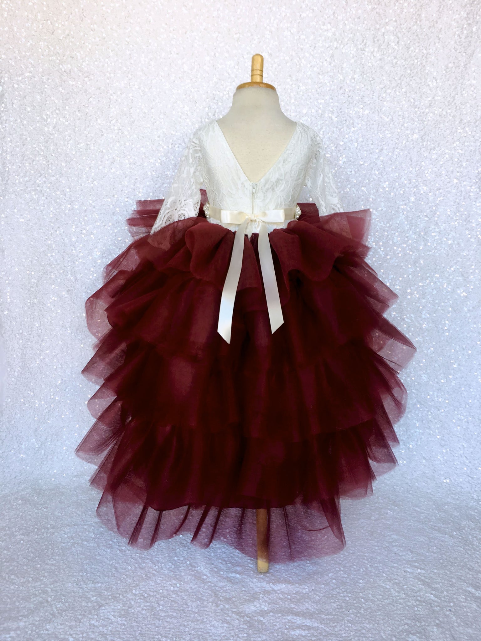 V-Back French Lace 3/4 Sleeves Hi Low Ruffle Burgundy Tulle Dress