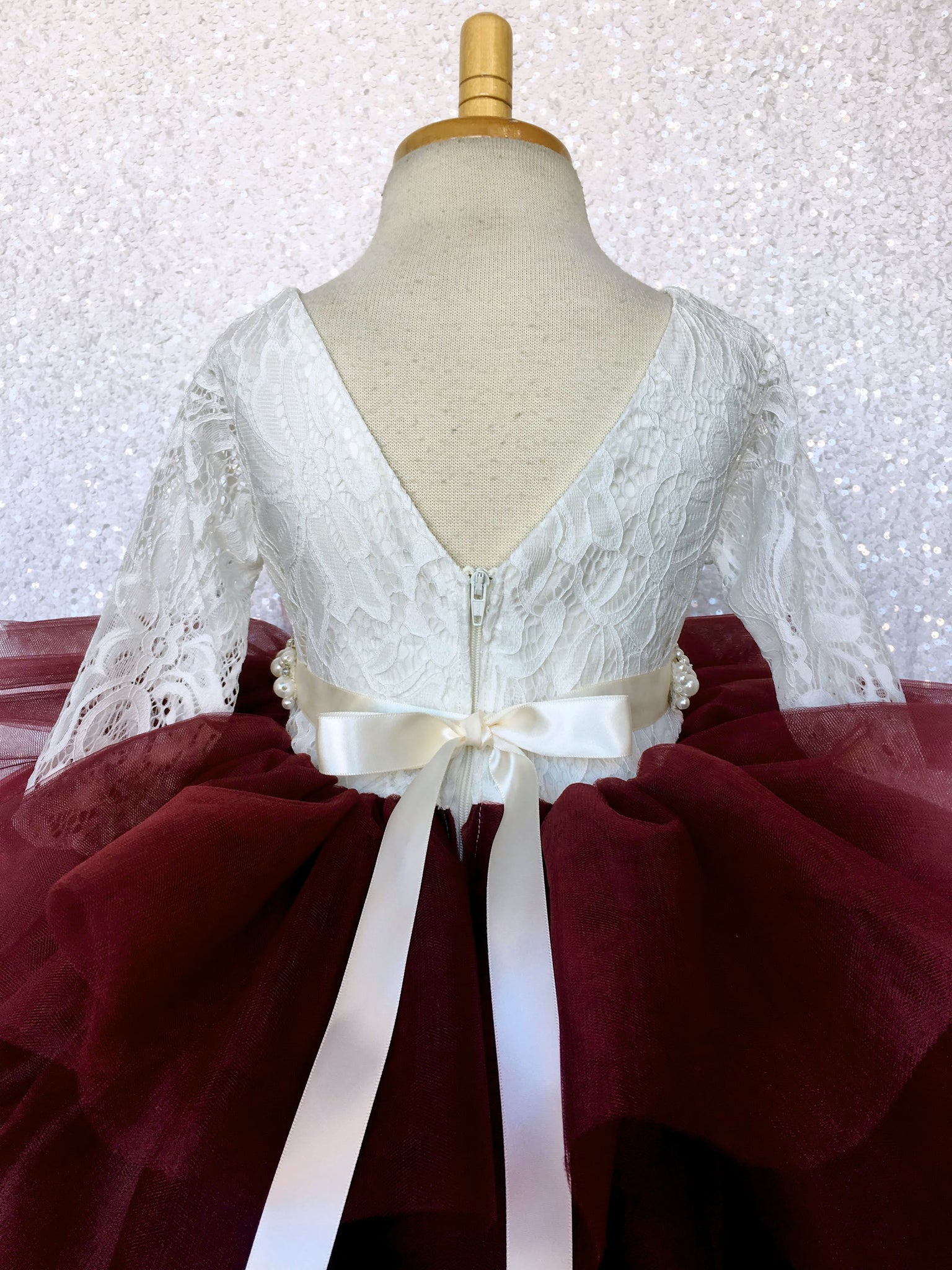 V-Back French Lace 3/4 Sleeves Hi Low Ruffle Burgundy Tulle Dress