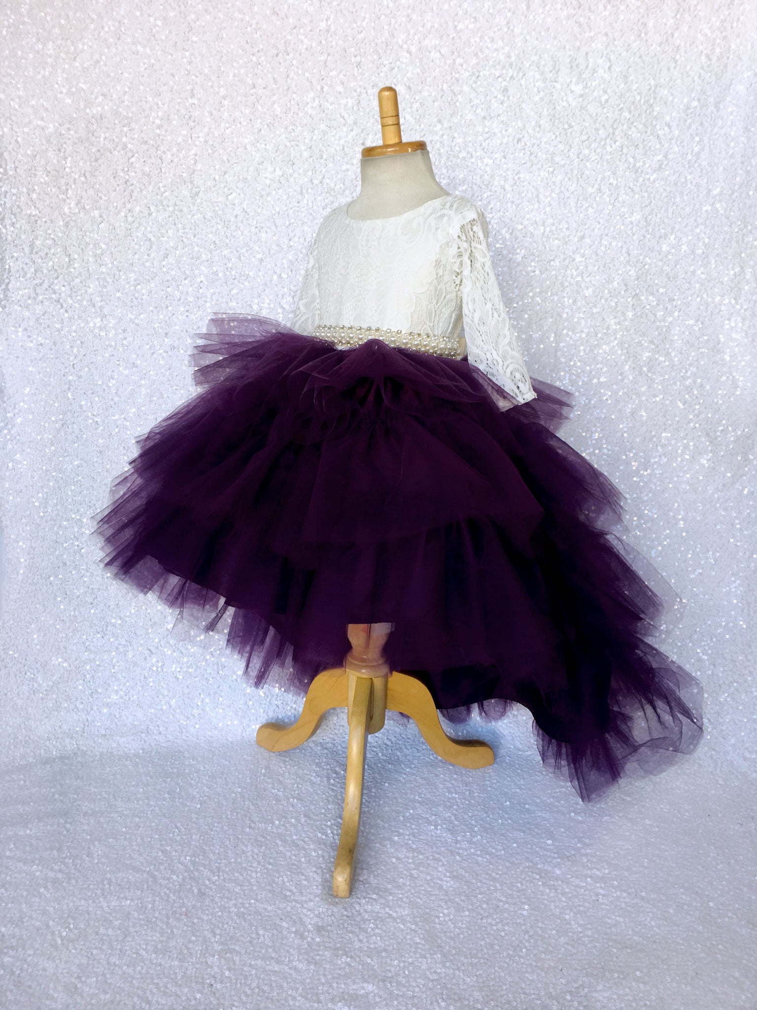 V-Back French Lace 3/4 Sleeves Hi Low Ruffle Burgundy Tulle Dress