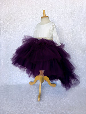 V-Back French Lace 3/4 Sleeves Hi Low Ruffle Burgundy Tulle Dress
