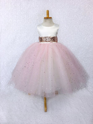 Princess Ivory Off White Satin Blush Glitter 4 Layer Tulle Gown