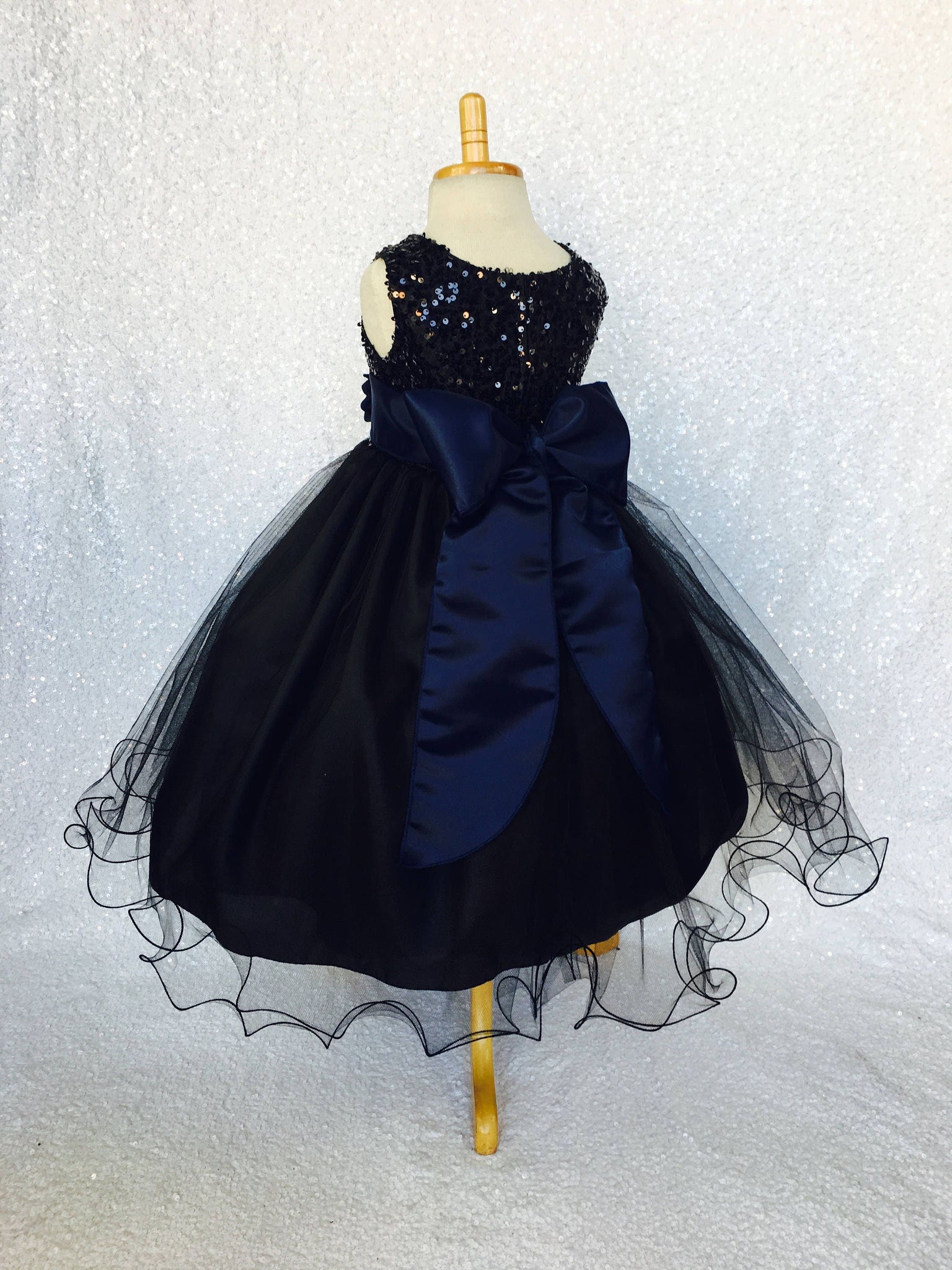 Black Sleeveless 2 Layer Sequence FL Tulle Dress Navy Blue Satin Sash