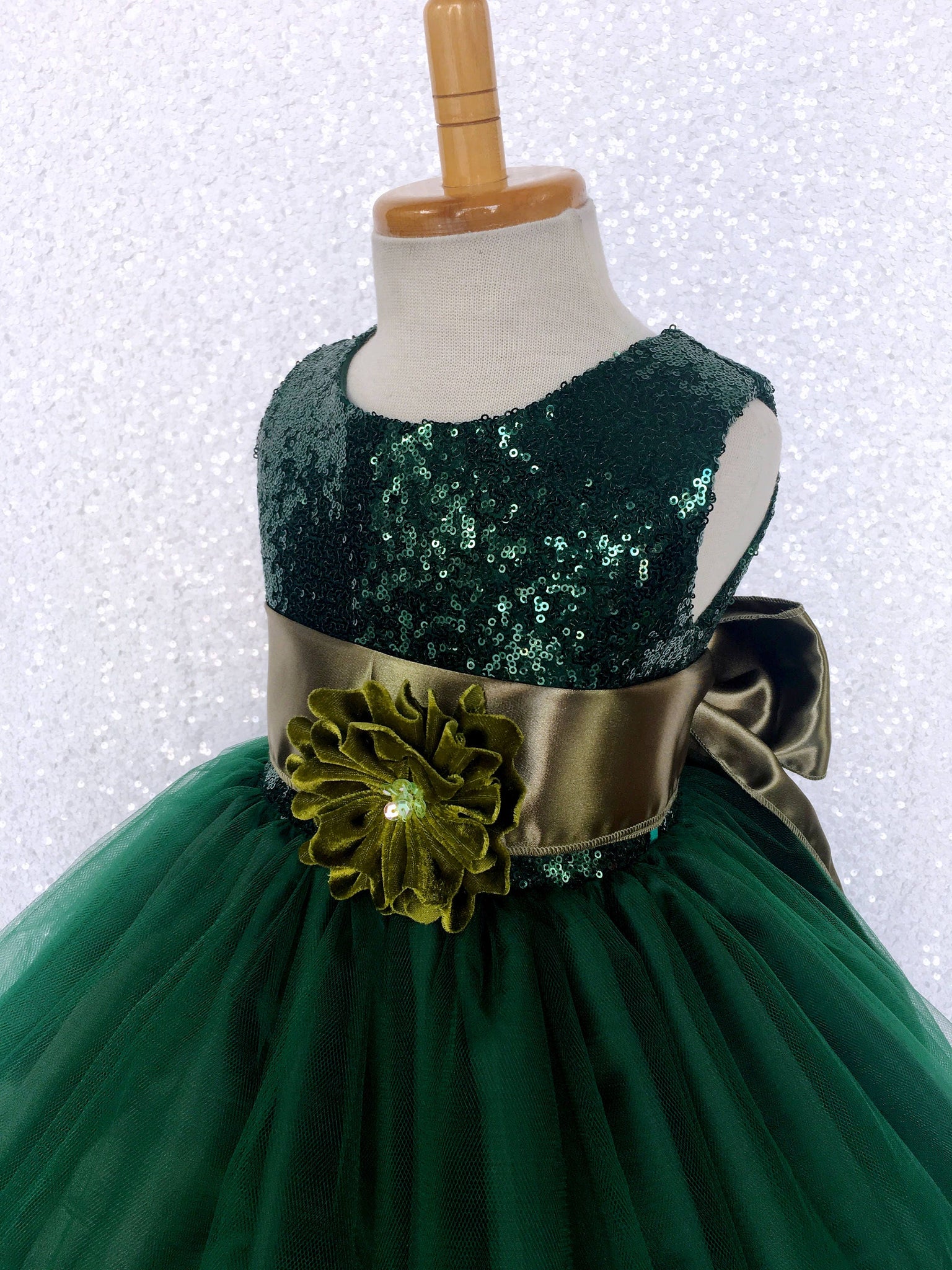Hunter Green Sequence 2 Layer Tulle Dress Olive Satin Sash Velvet Flower
