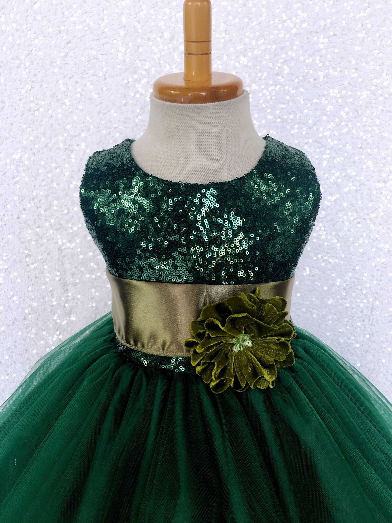 Hunter Green Sequence 2 Layer Tulle Dress Olive Satin Sash Velvet Flower