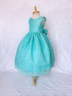 Aqua Blue V-Back Sleeveless French Lace Gown Bow