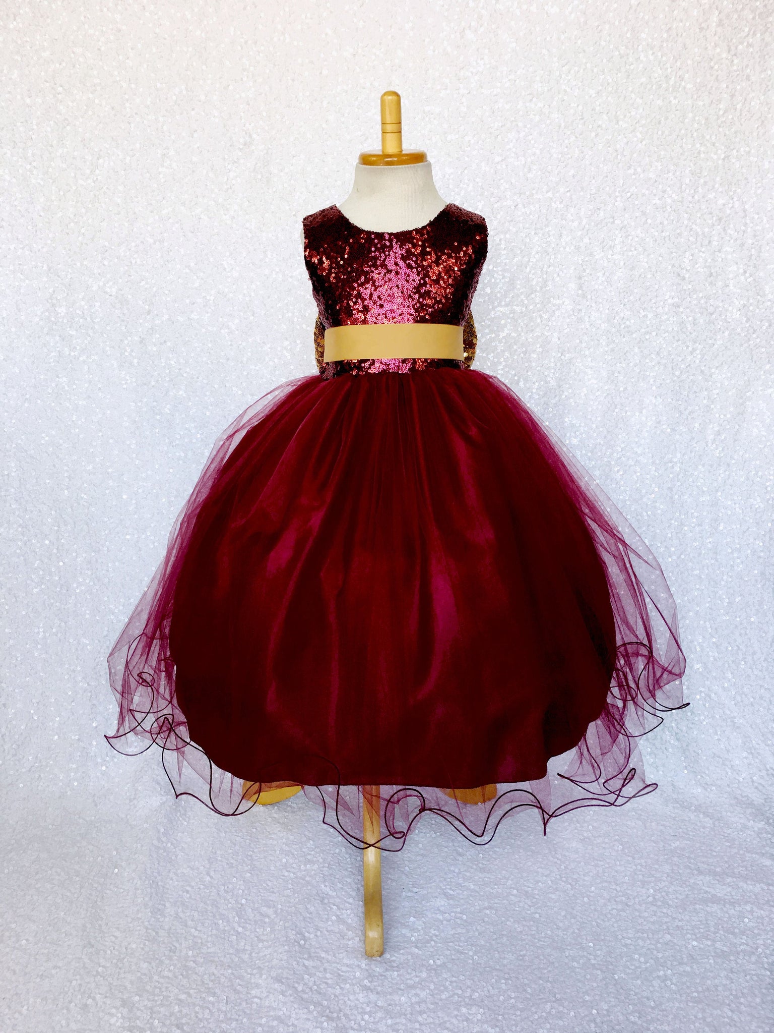 Sleeveless Burgundy Maroon Sequin Fishing Line 2 Layer Gown Gold Bow Ribbon
