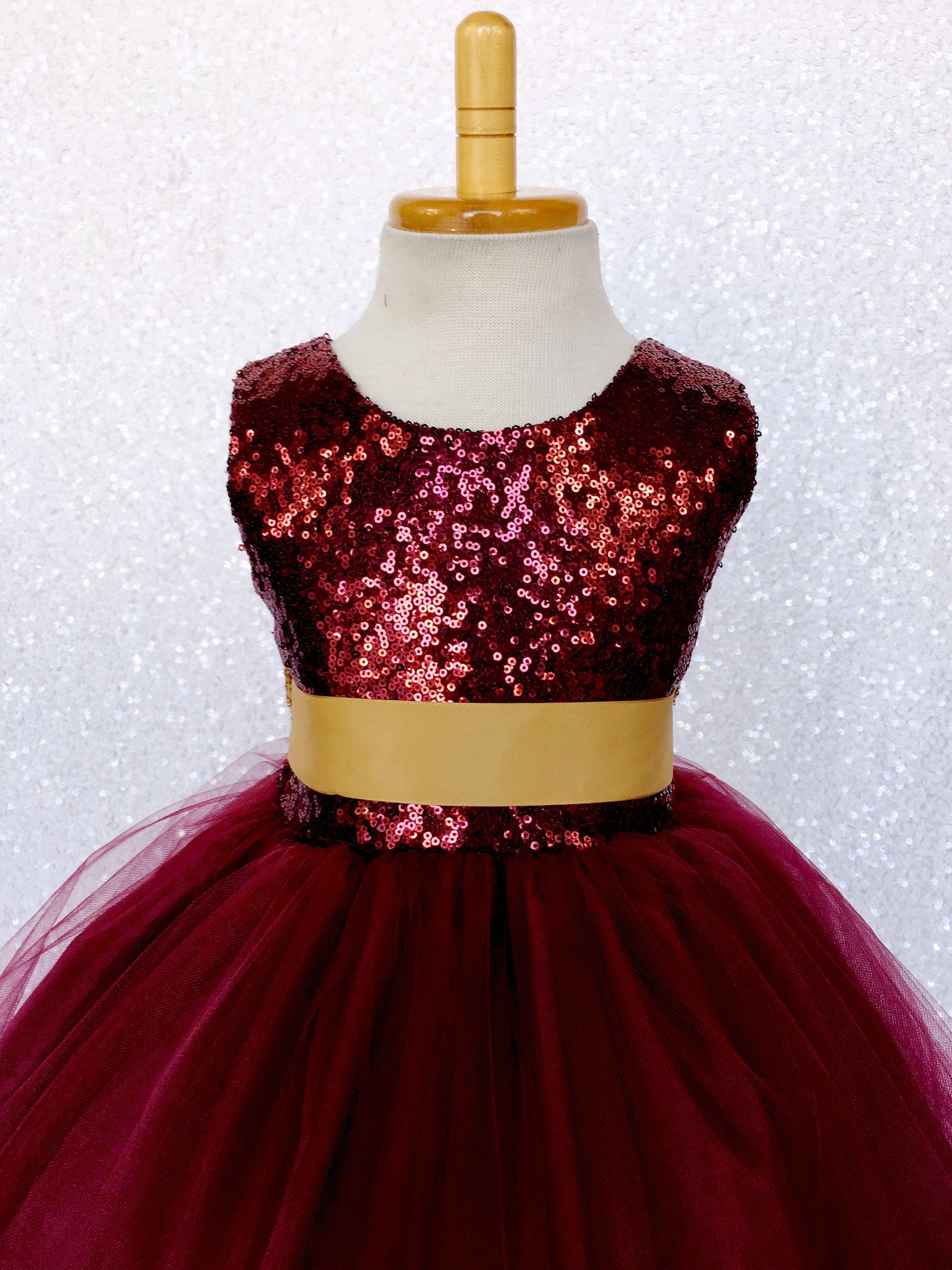 Sleeveless Burgundy Maroon Sequin Fishing Line 2 Layer Gown Gold Bow Ribbon
