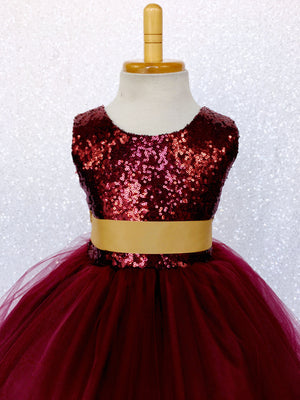 Sleeveless Burgundy Maroon Sequin Fishing Line 2 Layer Gown Gold Bow Ribbon