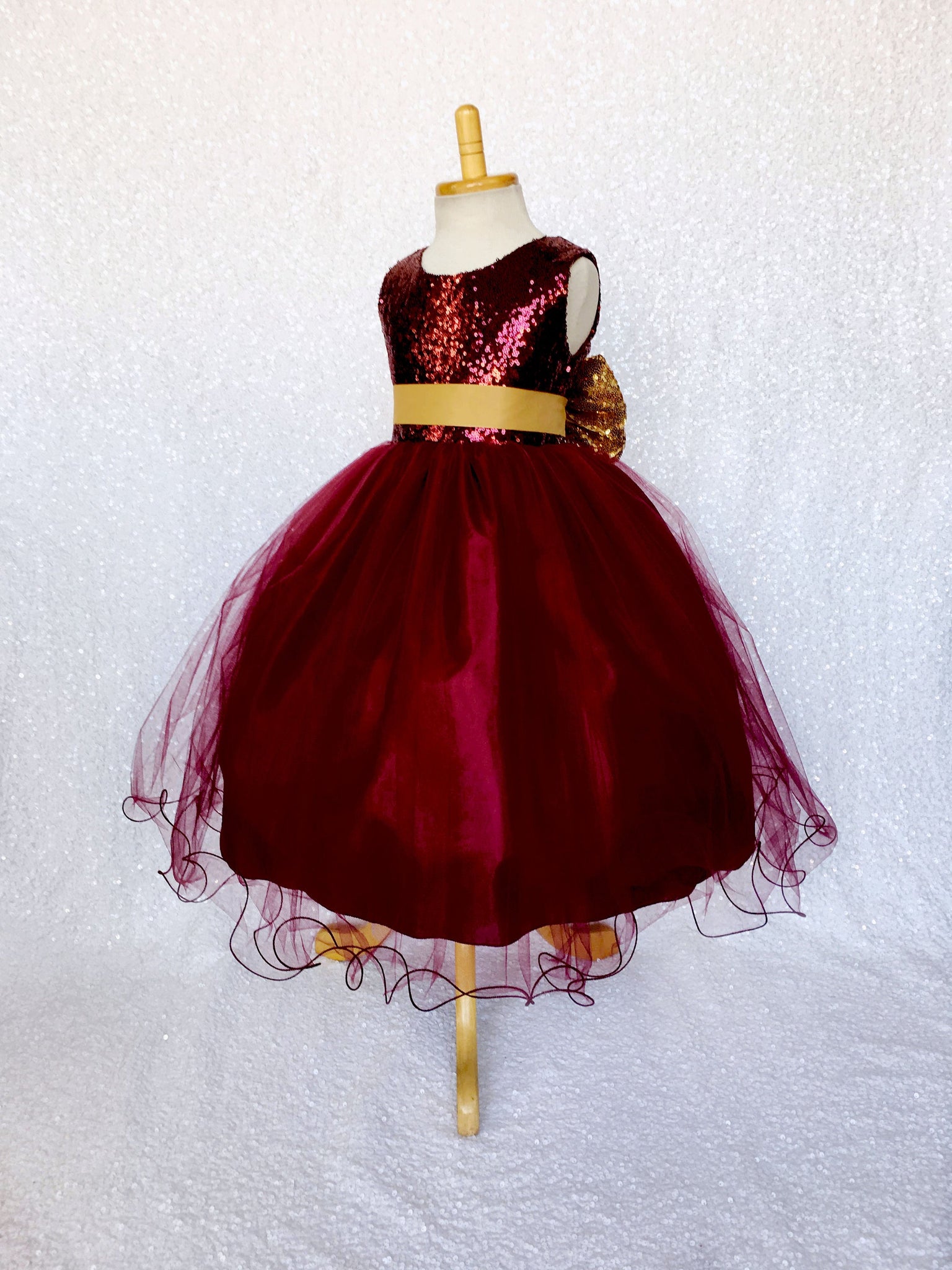 Sleeveless Burgundy Maroon Sequin Fishing Line 2 Layer Gown Gold Bow Ribbon