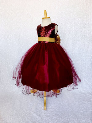 Sleeveless Burgundy Maroon Sequin Fishing Line 2 Layer Gown Gold Bow Ribbon