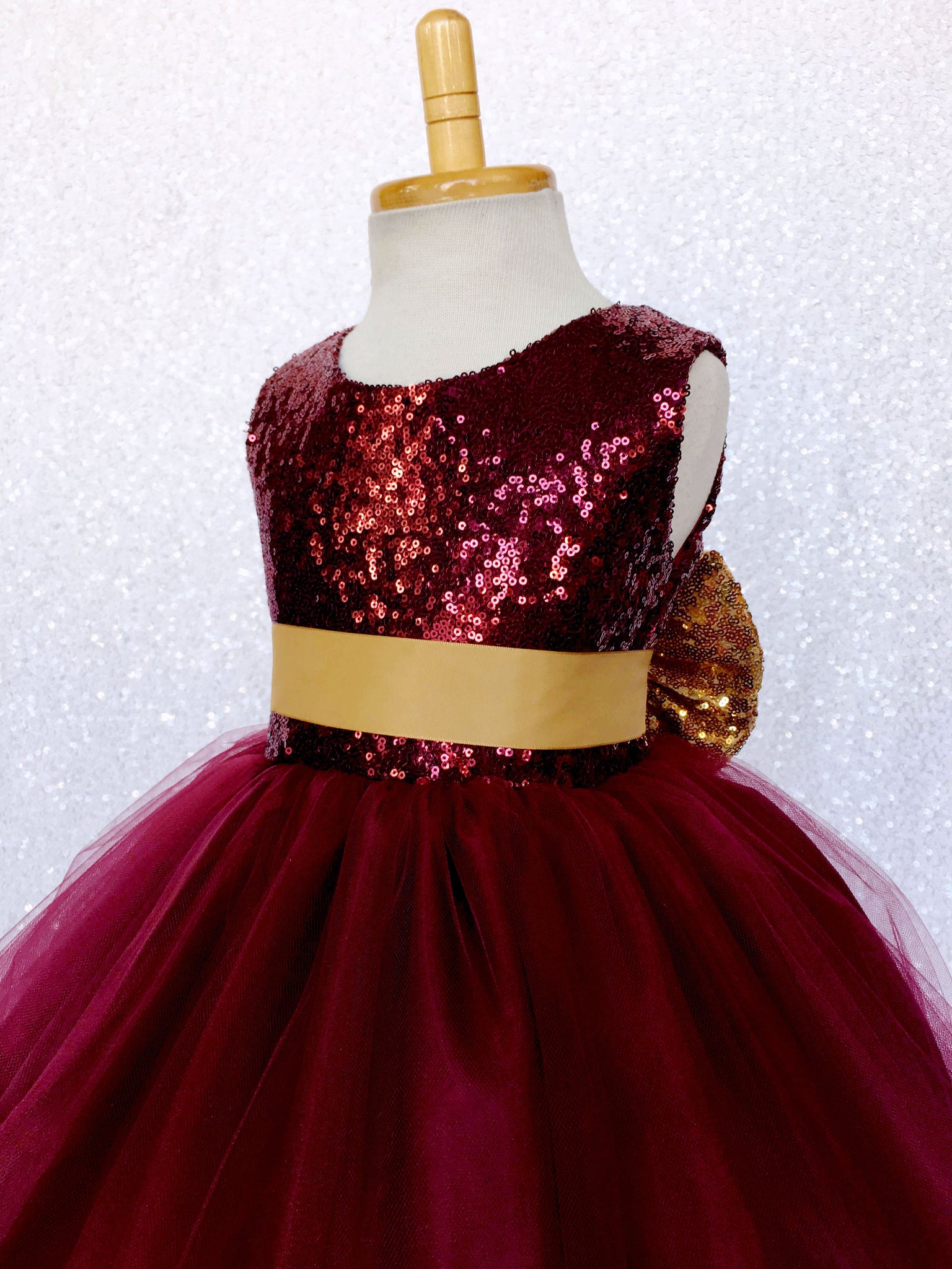 Sleeveless Burgundy Maroon Sequin Fishing Line 2 Layer Gown Gold Bow Ribbon