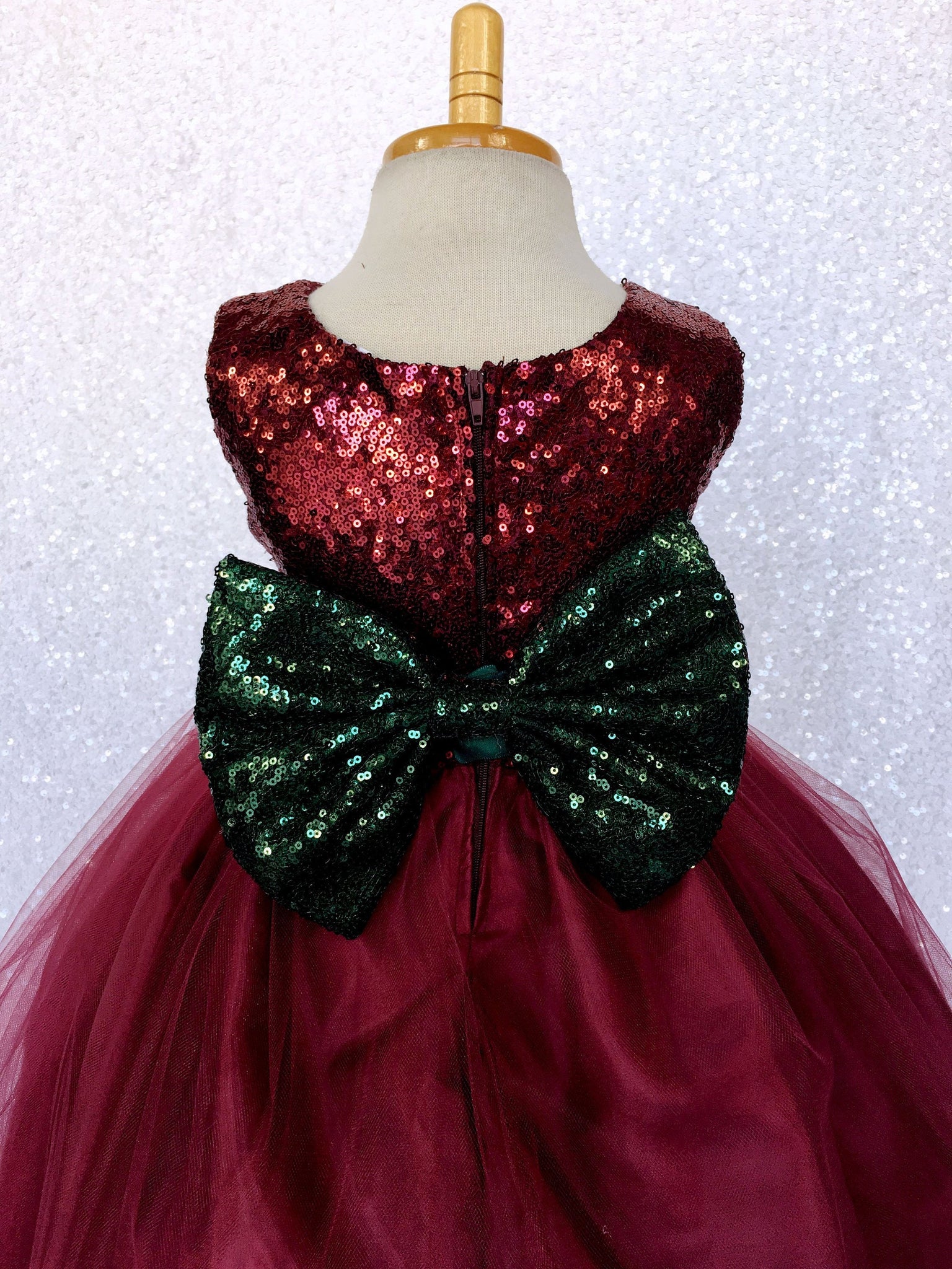 Maroon Burgundy 2 Layer Tulle Sequence Dress Hunter Green Sequin Bow
