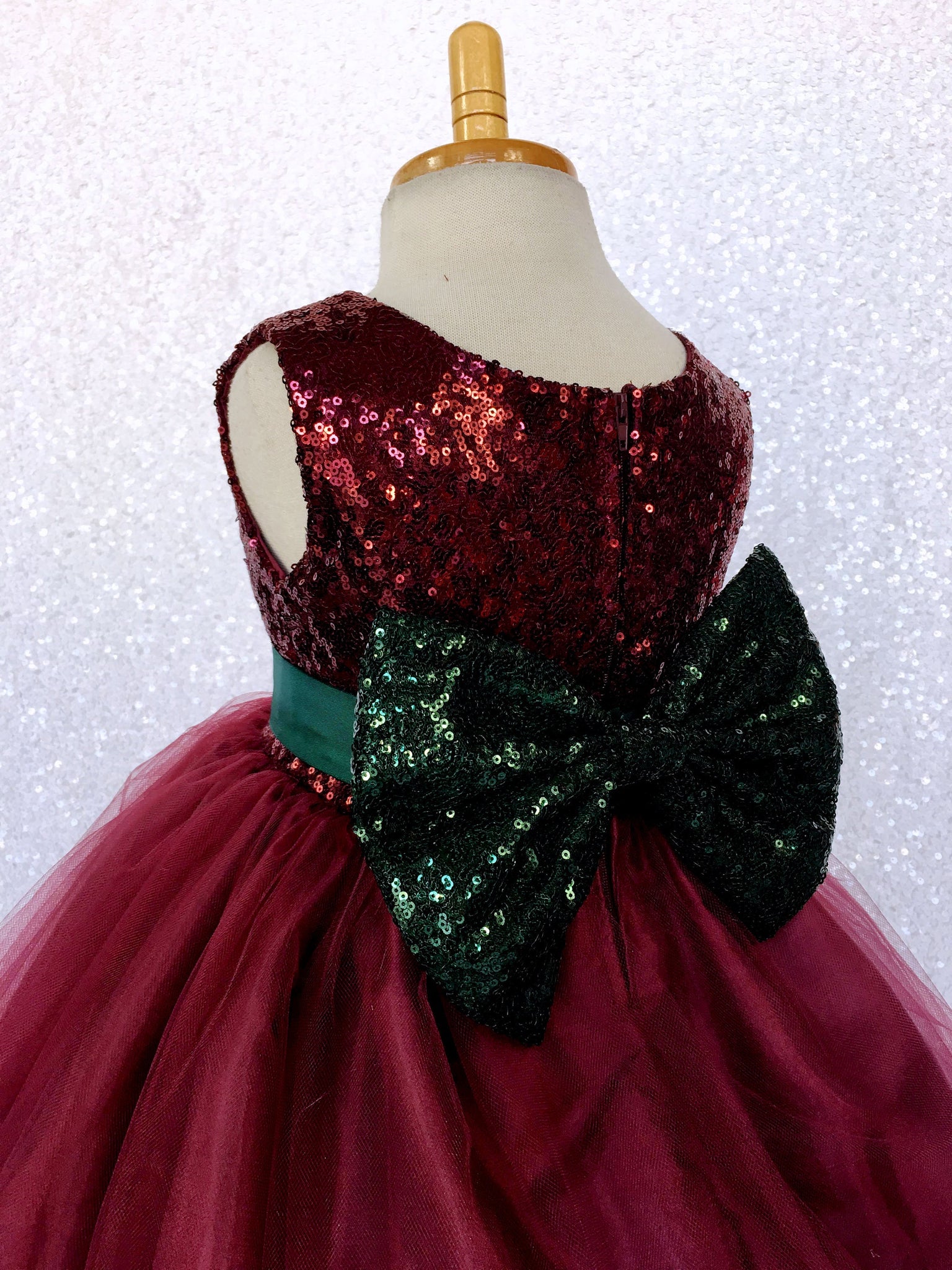Maroon Burgundy 2 Layer Tulle Sequence Dress Hunter Green Sequin Bow