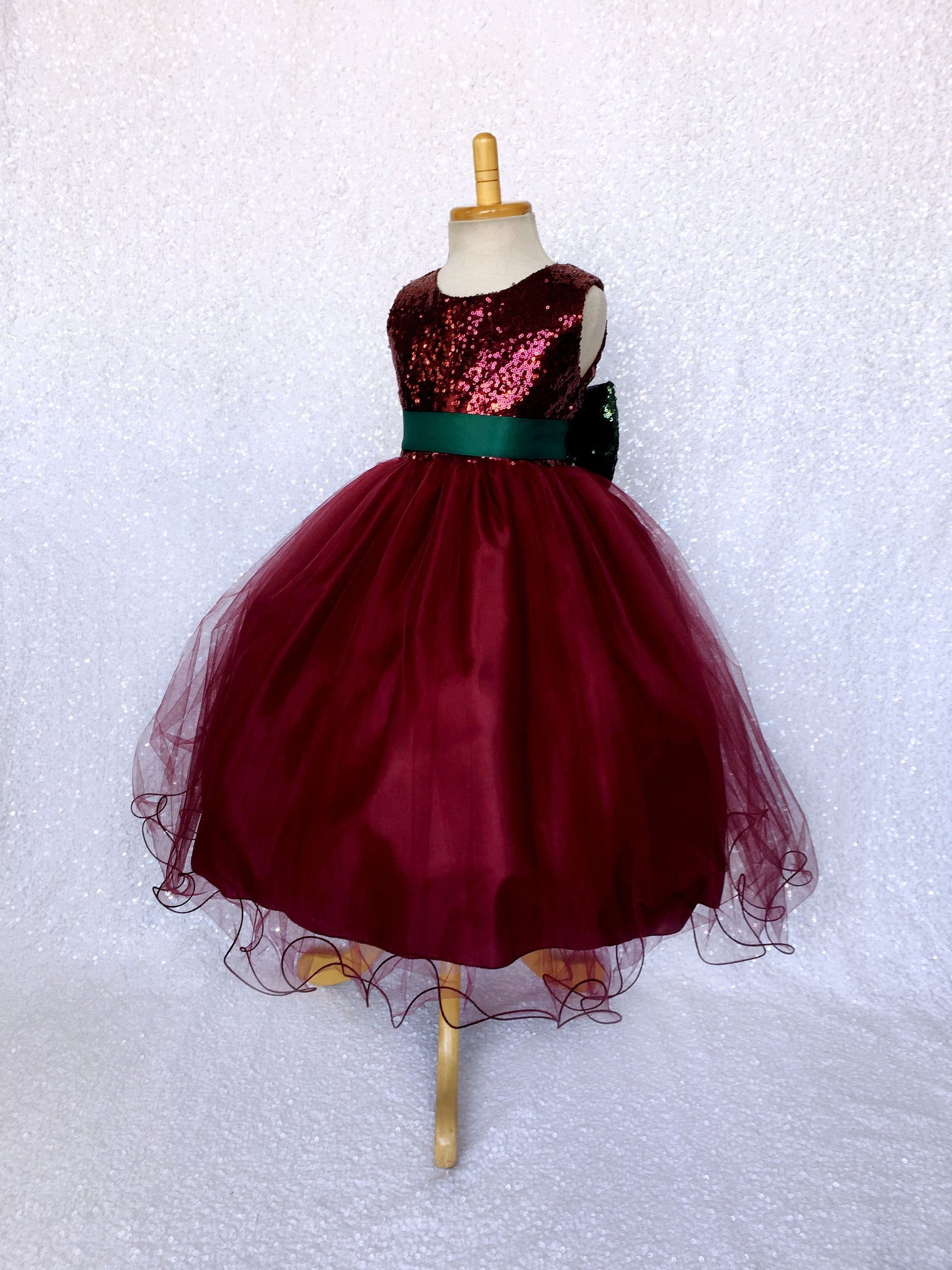 Maroon Burgundy 2 Layer Tulle Sequence Dress Hunter Green Sequin Bow