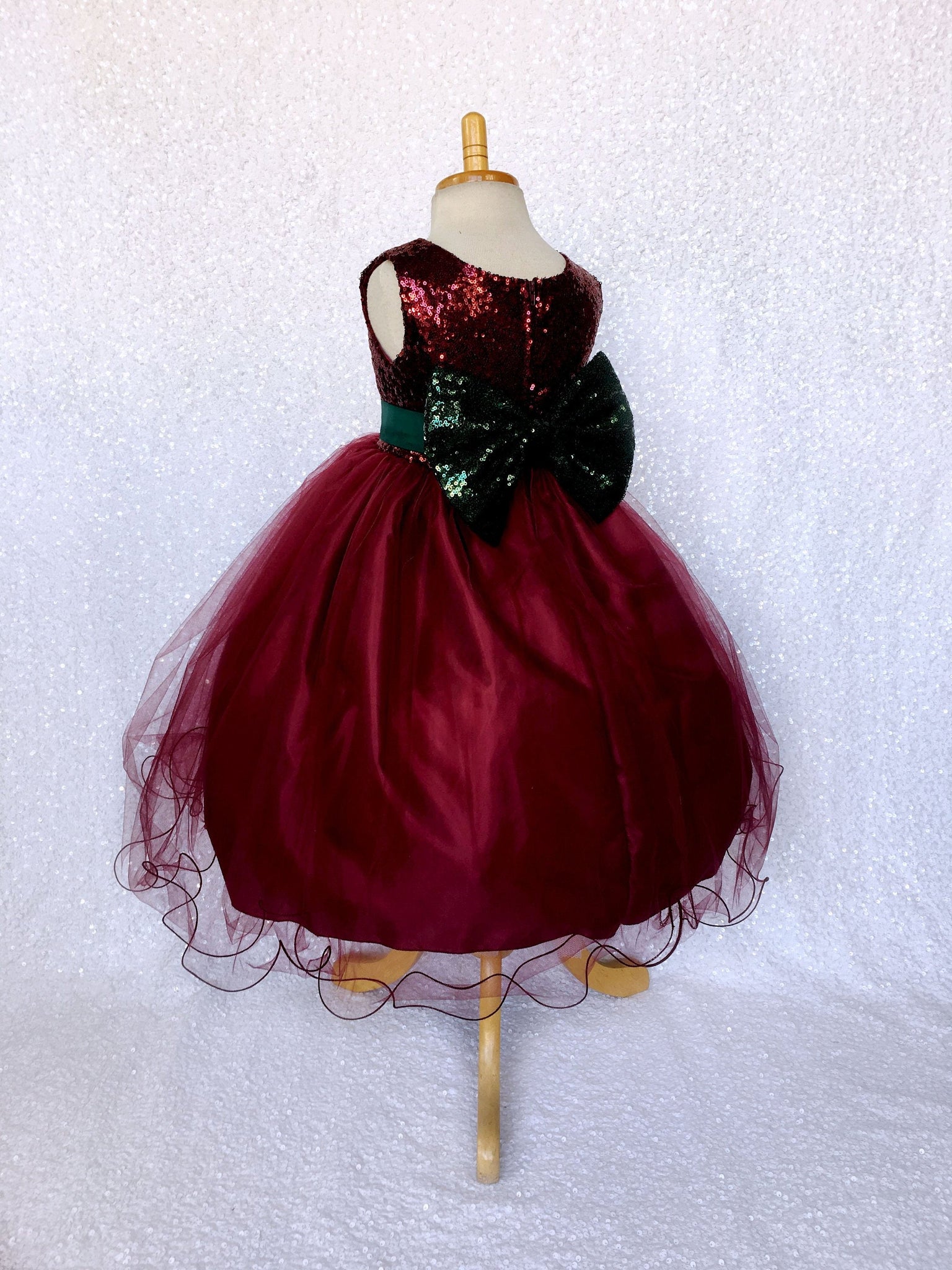 Maroon Burgundy 2 Layer Tulle Sequence Dress Hunter Green Sequin Bow