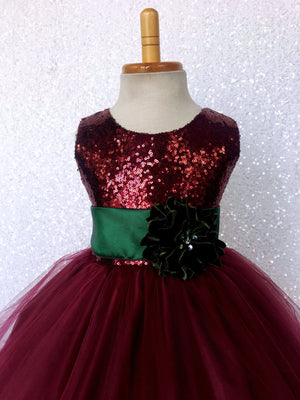Burgundy Sequin Tulle 2 Layer Dress Hunter Green Velvet Flower Sash