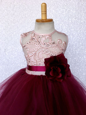 Rose Gold Embroidery 2 Layer Tulle Burgundy Sleeveless Dress