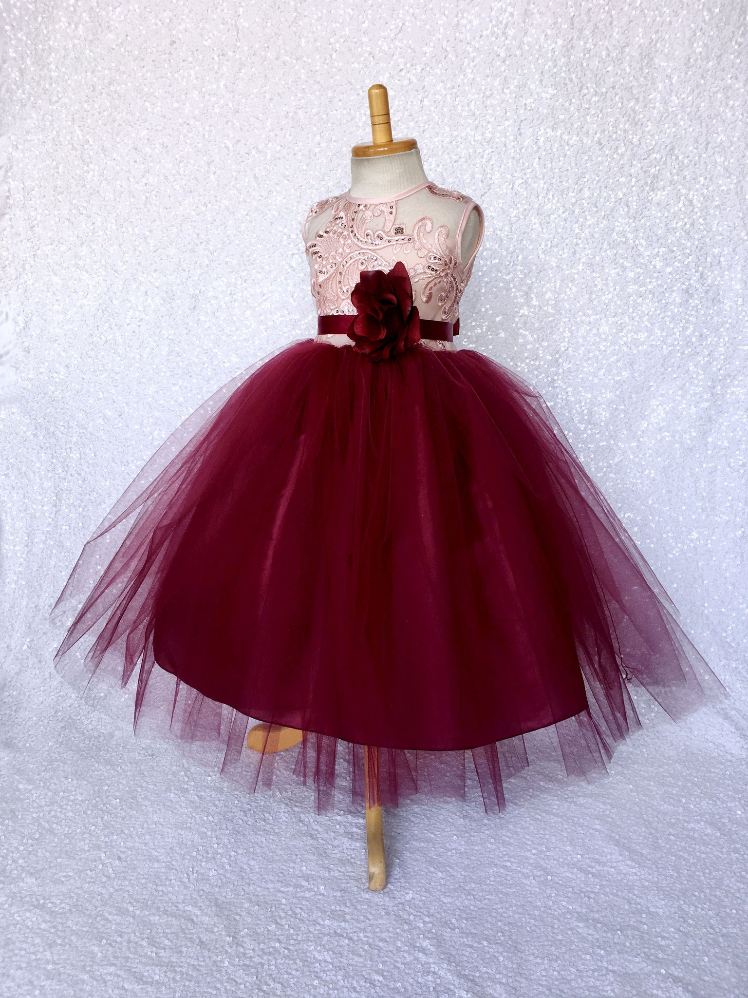 Rose Gold Embroidery 2 Layer Tulle Burgundy Sleeveless Dress