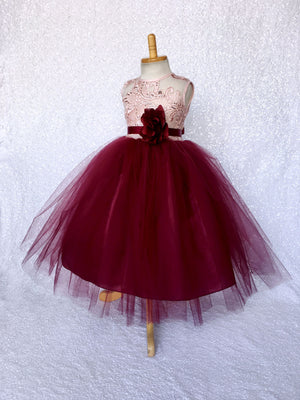 Rose Gold Embroidery 2 Layer Tulle Burgundy Sleeveless Dress