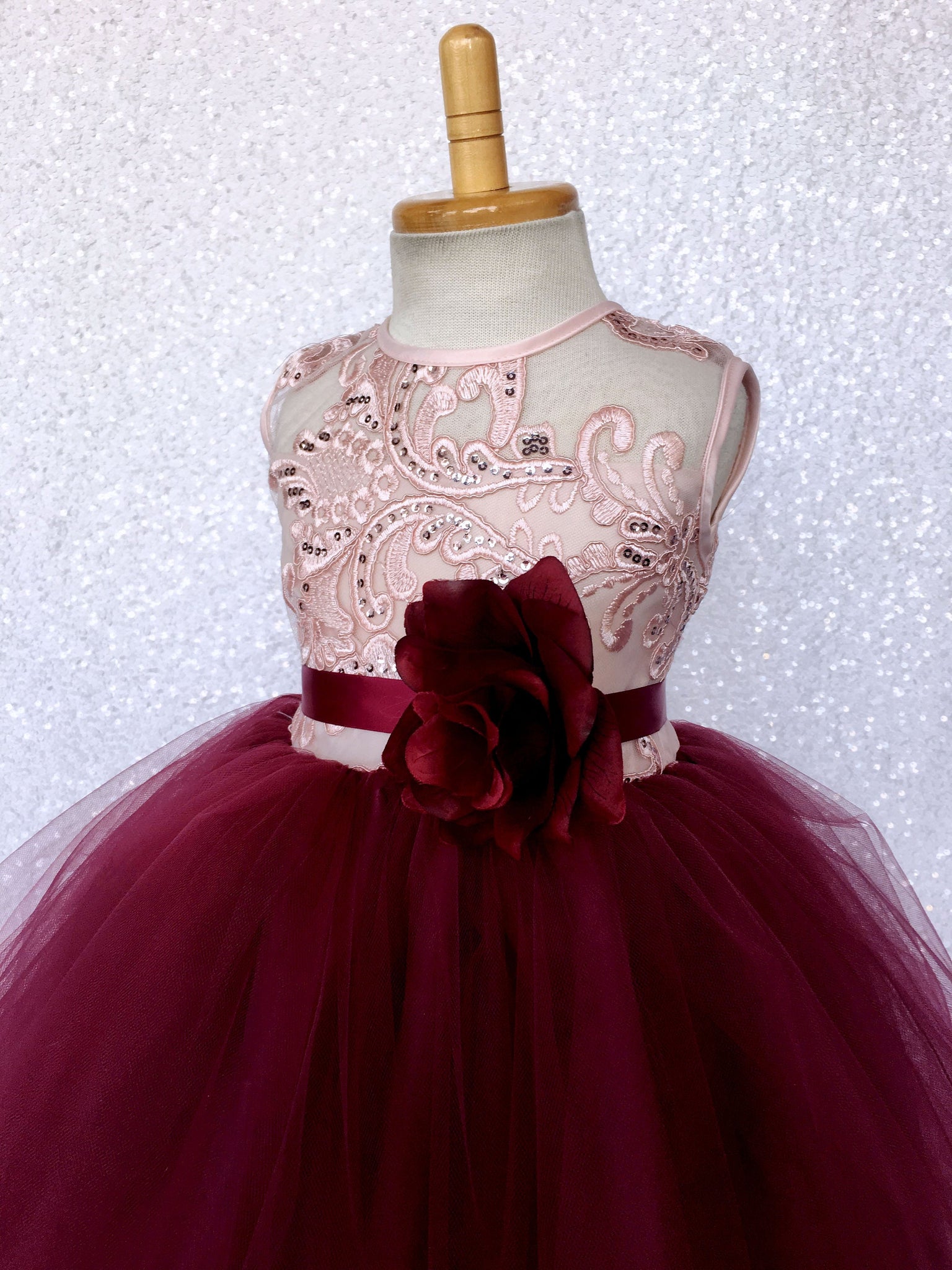 Rose Gold Embroidery 2 Layer Tulle Burgundy Sleeveless Dress
