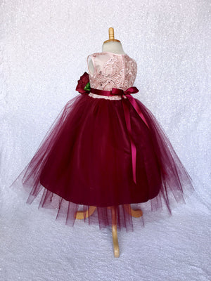 Rose Gold Embroidery 2 Layer Tulle Burgundy Sleeveless Dress