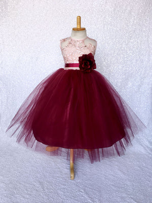 Rose Gold Embroidery 2 Layer Tulle Burgundy Sleeveless Dress