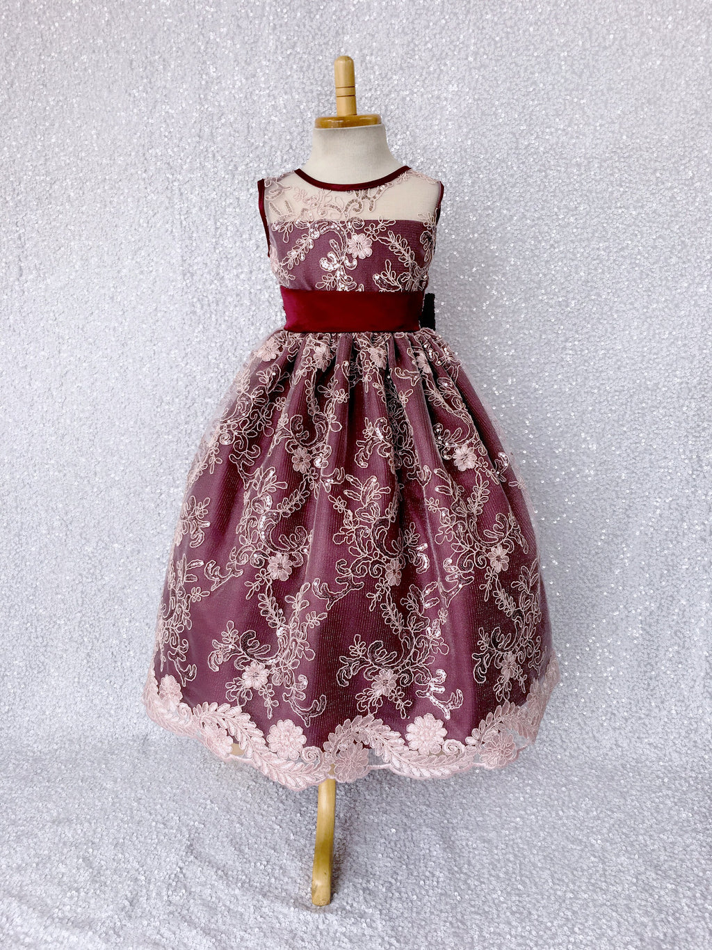 Sleeveless Burgundy Floral Mesh Blush Pink Embroidery Lace Dress