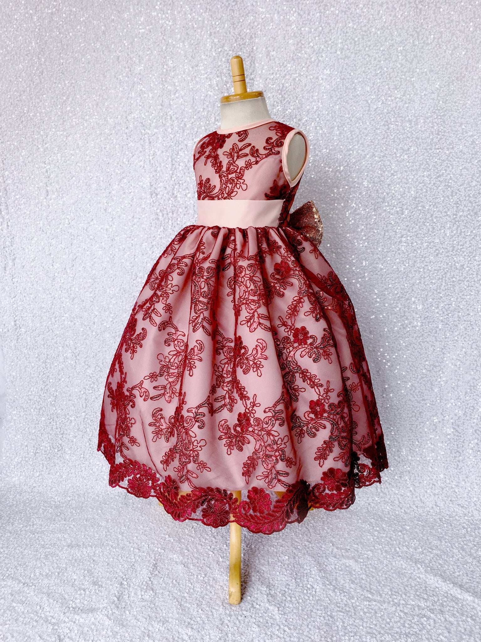 Sleeveless Floral Red Mesh Embroidery Rose Gold Sequin Bow Gown