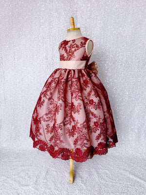 Sleeveless Floral Red Mesh Embroidery Rose Gold Sequin Bow Gown